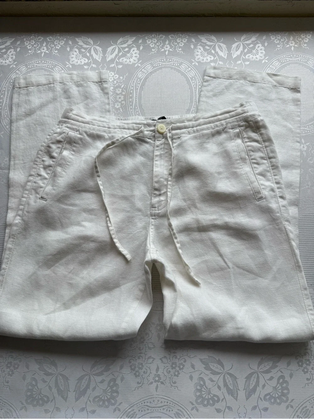 BLUE Saks Fifth Avenue White 100% Linen Casual Pants Elastic Waist Men’s Size 32